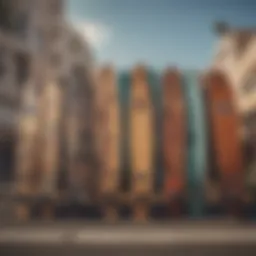 An array of longboards displayed against a vibrant urban backdrop, showcasing different styles and designs.