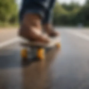 A close-up of a rider's feet positioned on a longboard, illustrating proper stance and balance.