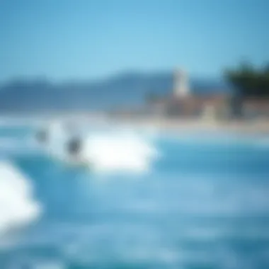 A picturesque beach with surfers enjoying the waves