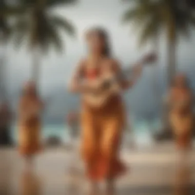 A musician playing ukulele alongside hula dancers