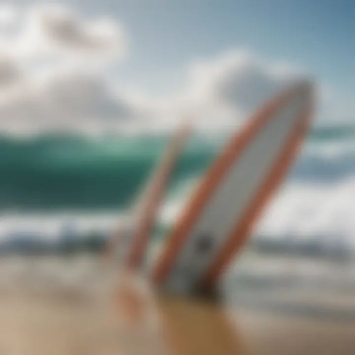 A close-up of surfboard fins against a backdrop of ocean waves.