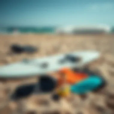 Essential Surfing Accessories Accessories needed for surfing laid out on the sand