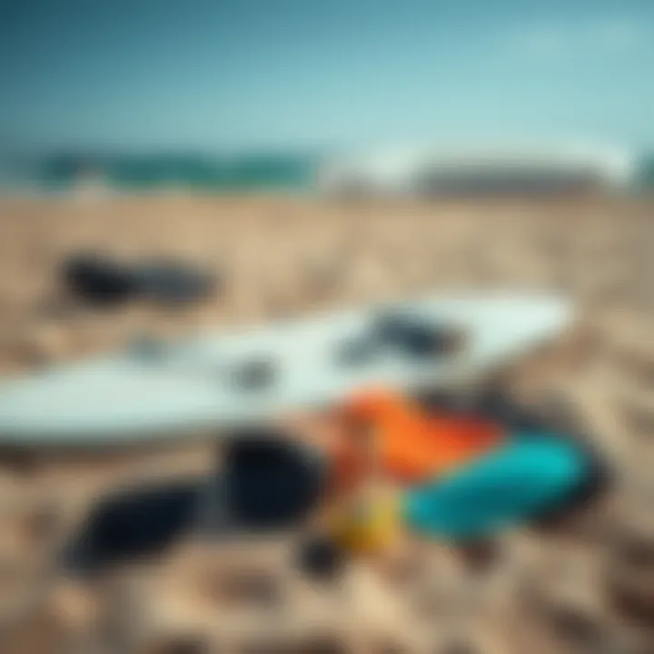 Essential Surfing Accessories Accessories needed for surfing laid out on the sand