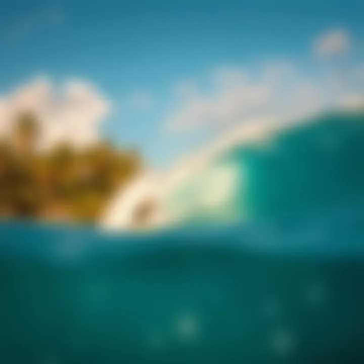 Dynamic Surfing Action in Tropical Barbados A surfer catching a wave with vibrant tropical scenery