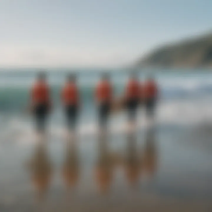 A group of beginner surfers enjoying a lesson from an instructor