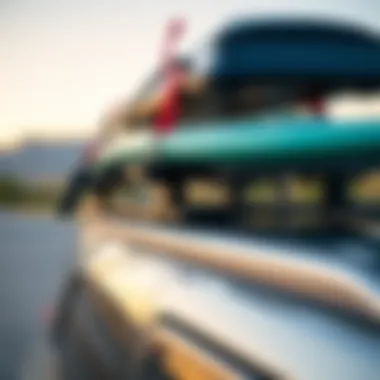 A sturdy board rack mounted on a vehicle, demonstrating secure surfboard transport