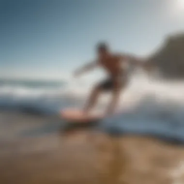 Skimboarding action shot with waves in the background