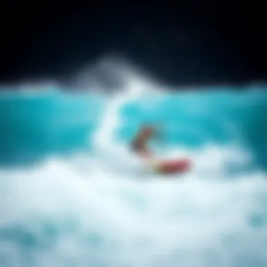 A vibrant paddle board riding a large wave
