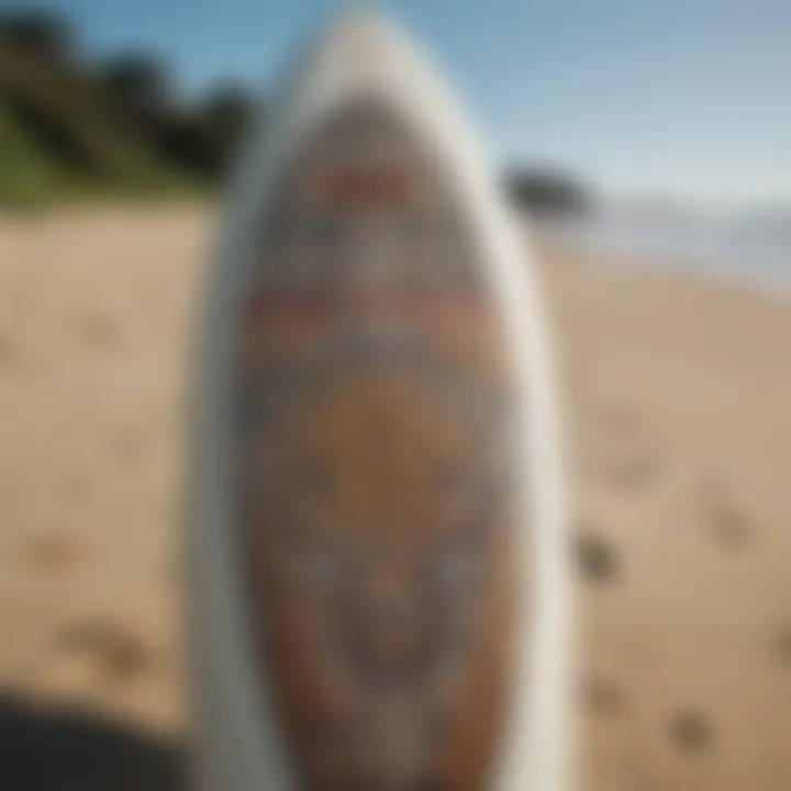 A stylishly customized surfboard adorned with various iron-on patches