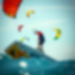 Colorful kites in the sky during a kitesurfing session