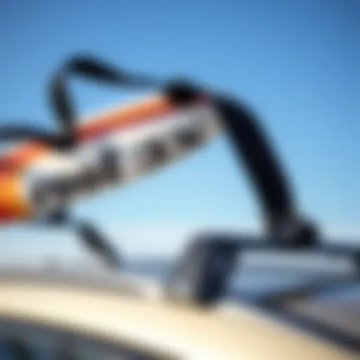 Durable surfboard roof rack strap in action