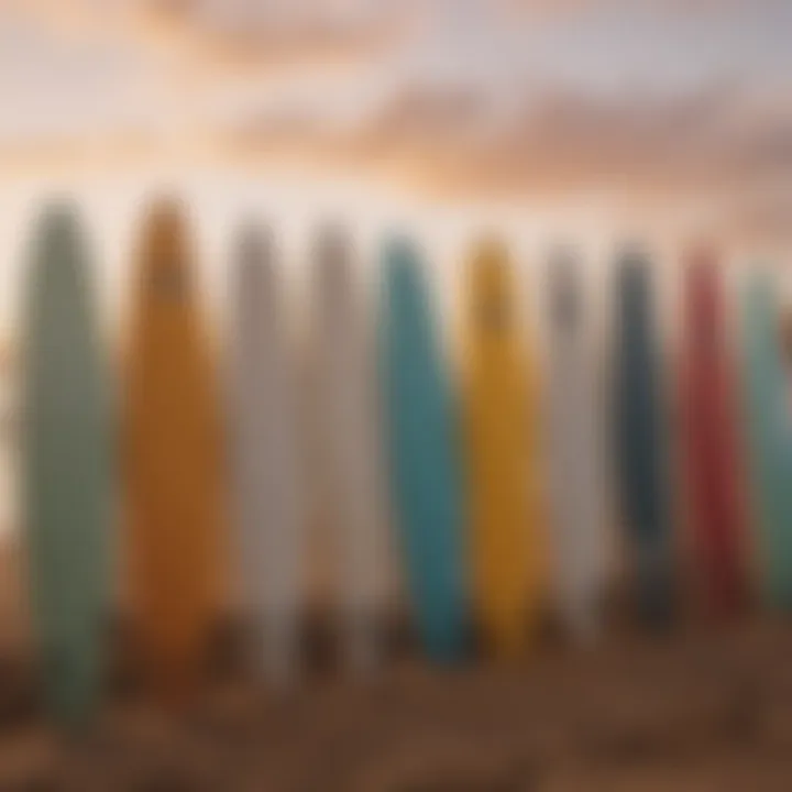 A collection of surfboards lined up against a beautiful sunset