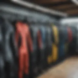 Diverse range of Australian wetsuits displayed on a rack