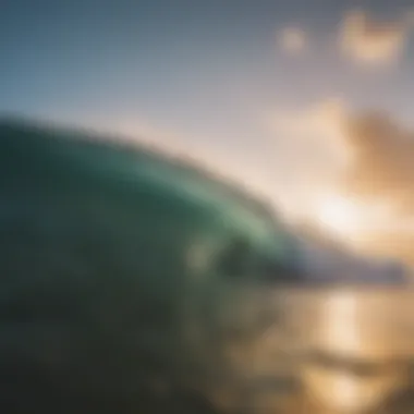 A surfer catching a wave at sunrise