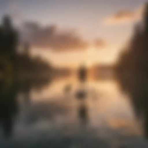 A scenic view of a paddleboarder gliding across a tranquil lake at sunset.