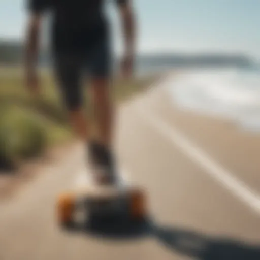 A sleek longboard gliding along a coastal pathway