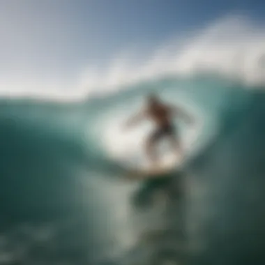 A surfer showcasing the functionality of board shorts while riding a wave