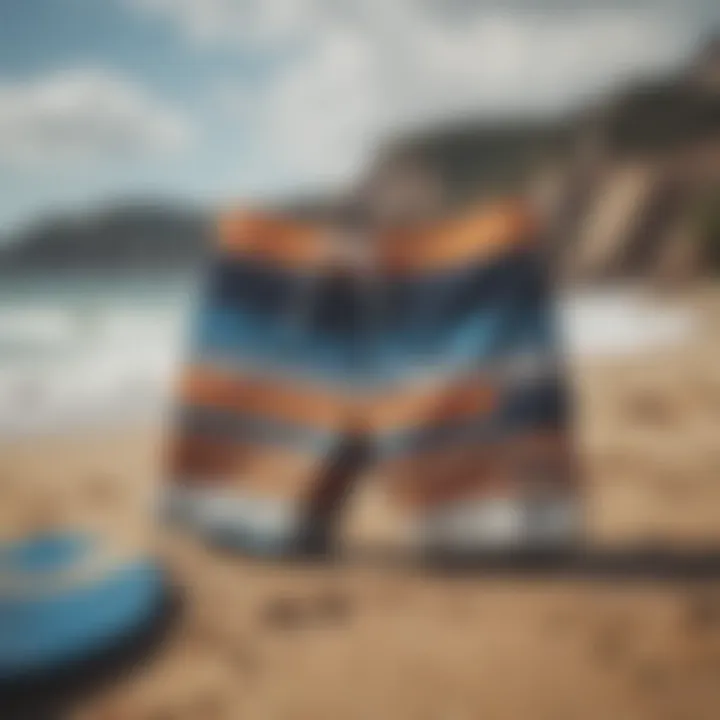 Various styles of board shorts displayed on a sandy beach