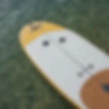 A detailed view of the paddle board's design and structure