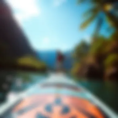 Scenic Adventure with eSUP An adventurer enjoying a scenic view while using an electric paddle board