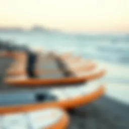 A stunning view of electric surfboards lined up on a beach