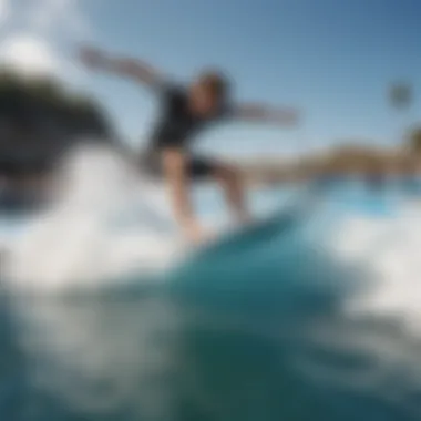 Mastering the Flowrider: Surfing Skills in Action A surfer demonstrating skills on a Flowrider wave pool.