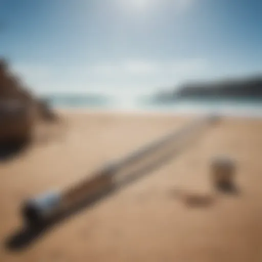 A well-crafted four-piece travel surf rod resting on a sandy beach