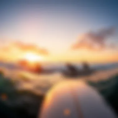 Surfers Embracing the G&S Experience A panoramic view of surfers riding G&S longboards at sunset.