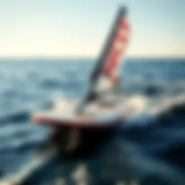 Hydrofoil Sail Board in Motion A hydrofoil sail board gliding smoothly over water, demonstrating its functionality in action.