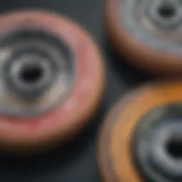 A close-up view of skateboard wheels showcasing different colors and designs.