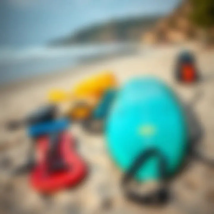 Essential Surfing Gear on the Beach Essential surfing gear laid out on the beach