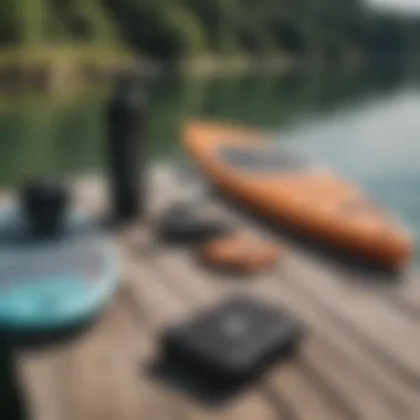 Essential paddleboarding gear laid out on a dock