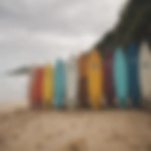 A vibrant beach scene showcasing surfboards lined up for rental