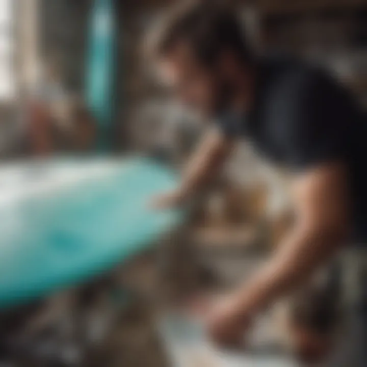 Artisan crafting a resin tint surfboard with precision.