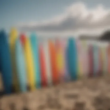 A collection of various resin tint surfboards lined up on the beach.