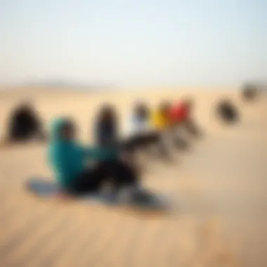 A diverse group of sandboarders enjoying their time on the slopes