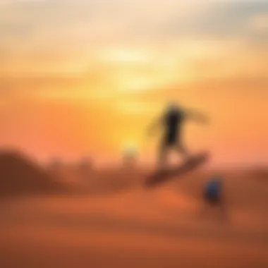 A vibrant sunset over a popular sandboarding location with riders in action