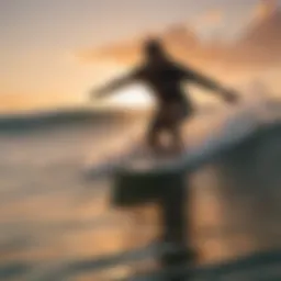 A skimboarder expertly gliding across the waves at sunset