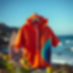 Vibrant surf-inspired apparel displayed against a coastal backdrop