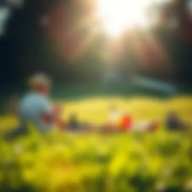 A picnic spread on the grass under the warm sun, reflecting summer joy and togetherness