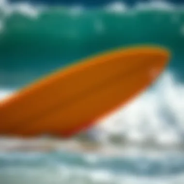 A vibrant surfboard against a backdrop of crashing waves, symbolizing summer adventures