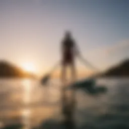 A serene sunset view of a paddleboarder gliding over calm waters