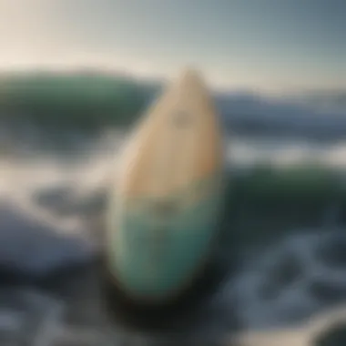 A stunning surfboard displayed against a background of ocean waves, symbolizing artistry and performance.