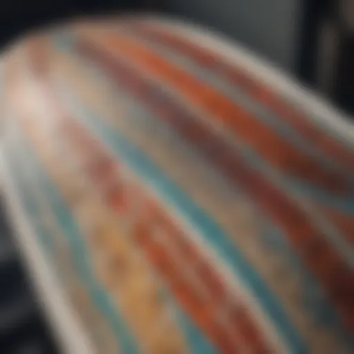 A close-up of surfboard canvas showcasing intricate designs and vibrant colors.