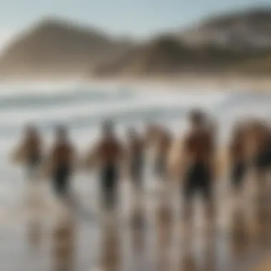 A group of surfers celebrating their successful rides on the beach