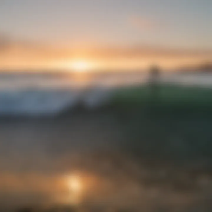 A breathtaking view of surfers riding waves in the Pacific Ocean at sunset