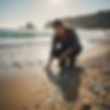 A collector examining a piece of unique sea glass on the shore