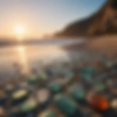 A panoramic view of a serene sea glass beach at sunset