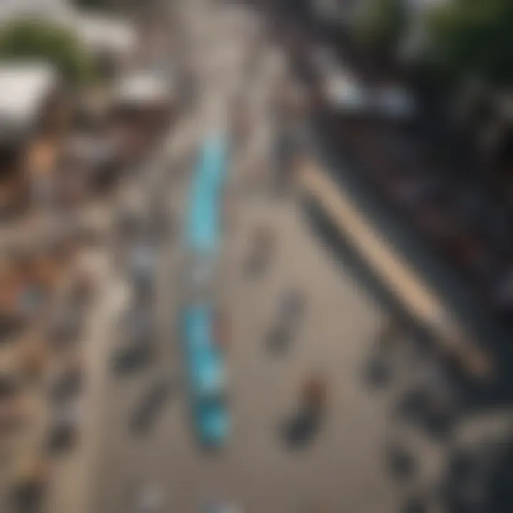 An aerial view of a longboard dancing community event with participants