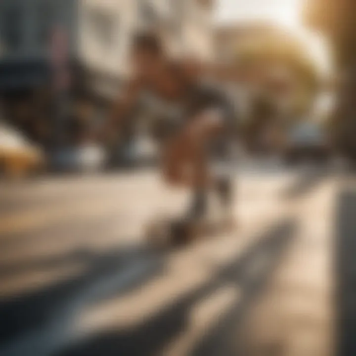 A longboard dancer performing a fluid maneuver on a sunlit street